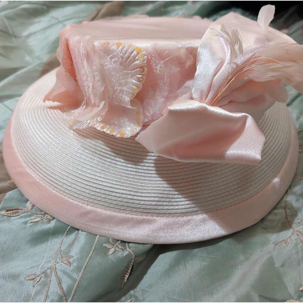 Whittall Shon Pink Derby Hat Bow Sequin Feather Woven Vintage Style - Picture 11 of 16